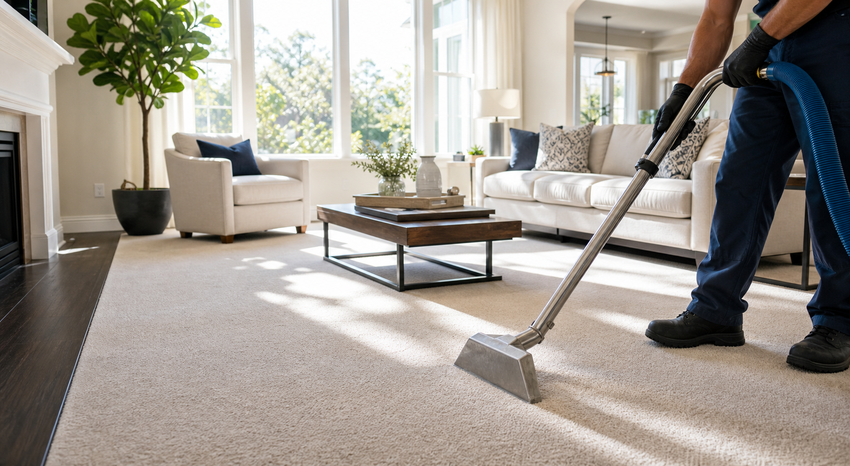 Professional carpet cleaning in a bright Houston home interior